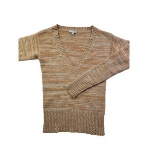 Cristi Conaway Women's S Tan Beige Stripe 100% Cashmere Sweater V-Neck Luxury LS